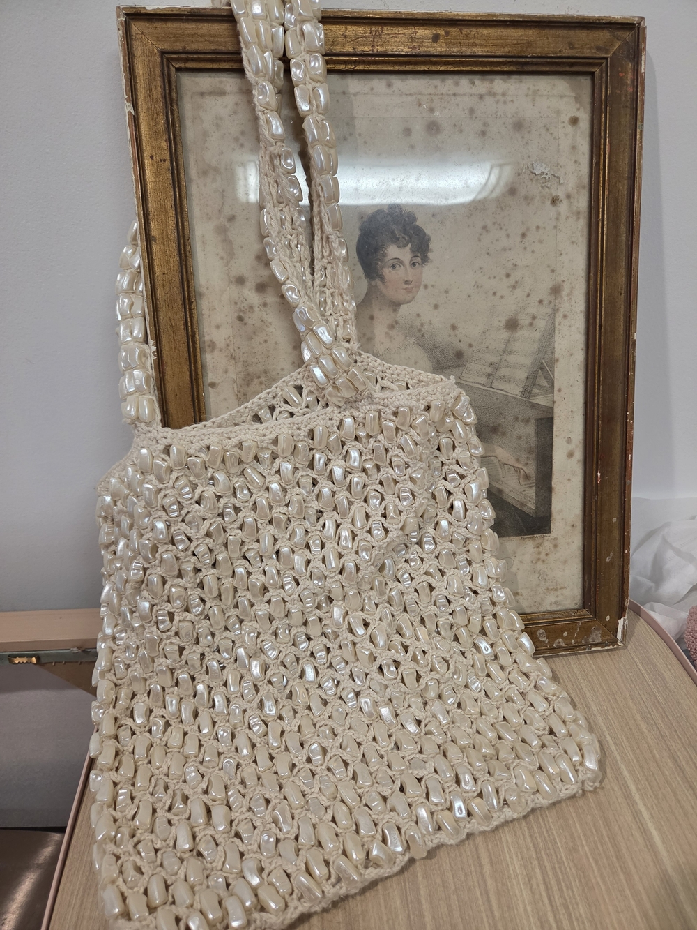 TJ MAXX NWOT MERMAID BEADED FAUX PEARL CROCHET TOTE BAG